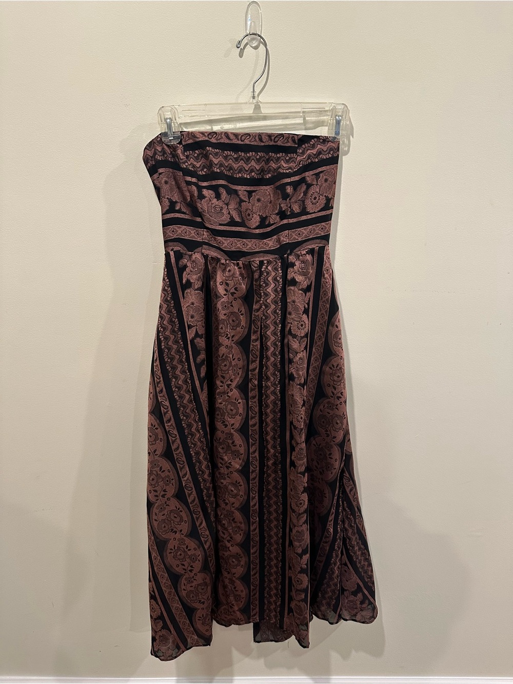 Anthro Strapless Black and Mauve Patterned Midi Dress